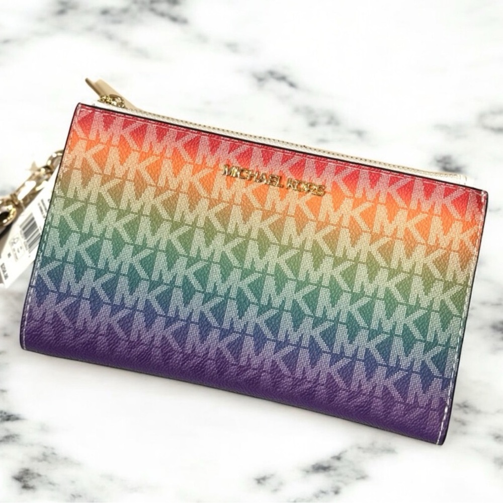Michael Kors Large Jet Set Travel Double Zip Wallet Rainbow